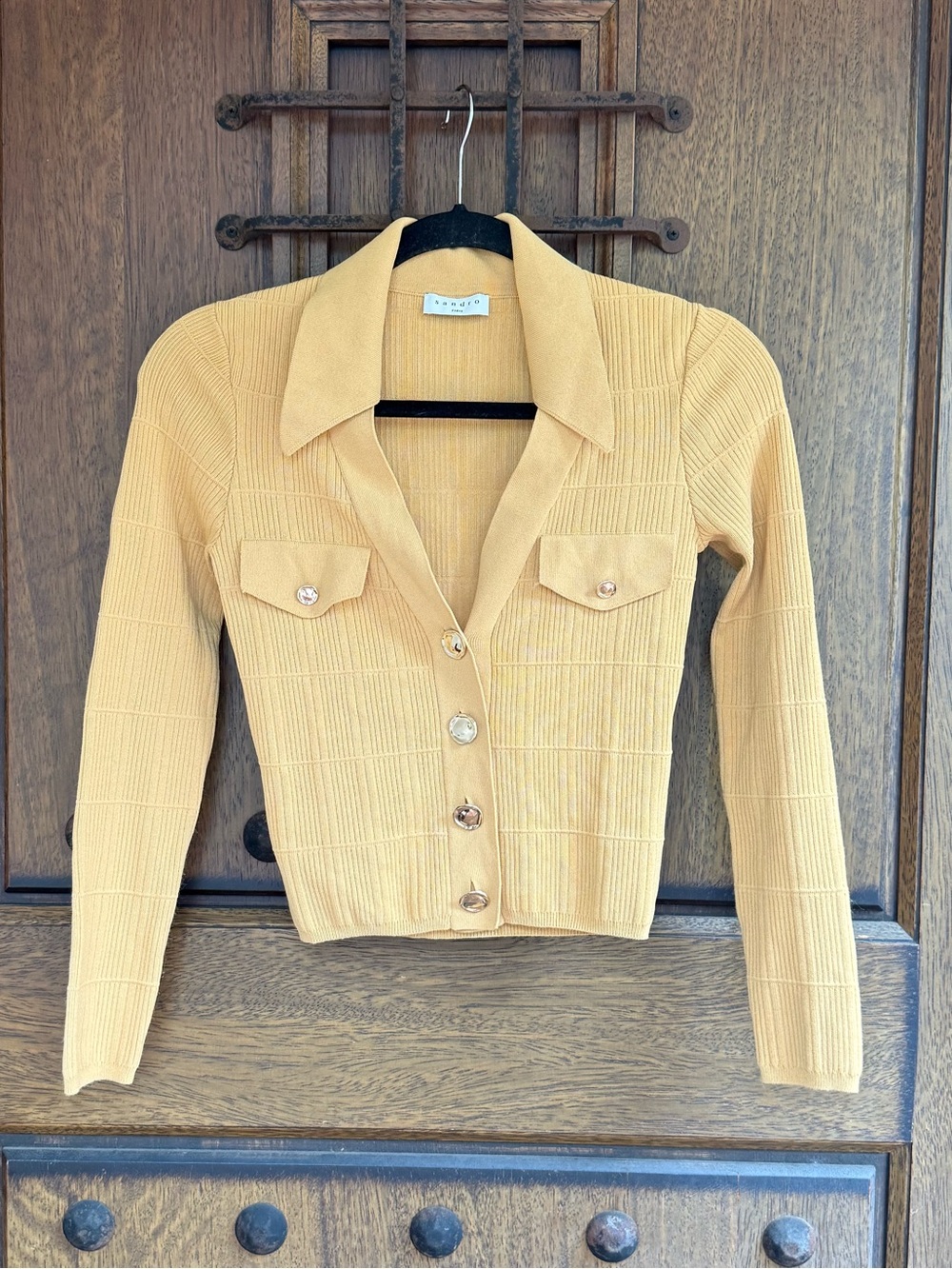 Sandro Mustard Cropped Button-Front Knit Shirt Size S